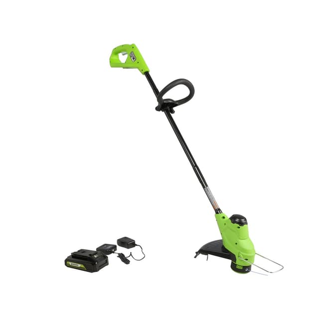Триммер аккумуляторный, Greenworks, G24LT25K2(2107207SARU), 24V, 25см, с 1хАКБ 2Ач и ЗУ, Щеточный двигатель, Нижнее расположение двигателя, Обороты без нагрузки 7500 об/мин., Ширина скашивания 25,4 cм , Диаметр лески 1.65 мм, Автоматическая подача лески, Односторонний выход лески, D-образная ручка c регулировкой угла наклона, Защитный кожух режущей части, Время автономной работы от 4 Ач до 40 минут, Чёрный/зелёный
