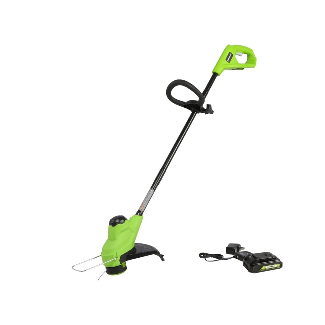 Триммер аккумуляторный, Greenworks, G24LT25K2(2107207SARU), 24V, 25см, с 1хАКБ 2Ач и ЗУ, Щеточный двигатель, Нижнее расположение двигателя, Обороты без нагрузки 7500 об/мин., Ширина скашивания 25,4 cм , Диаметр лески 1.65 мм, Автоматическая подача лески, Односторонний выход лески, D-образная ручка c регулировкой угла наклона, Защитный кожух режущей части, Время автономной работы от 4 Ач до 40 минут, Чёрный/зелёный