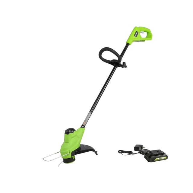Триммер аккумуляторный, Greenworks, G24LT25K2(2107207SARU), 24V, 25см, с 1хАКБ 2Ач и ЗУ, Щеточный двигатель, Нижнее расположение двигателя, Обороты без нагрузки 7500 об/мин., Ширина скашивания 25,4 cм , Диаметр лески 1.65 мм, Автоматическая подача лески, Односторонний выход лески, D-образная ручка c регулировкой угла наклона, Защитный кожух режущей части, Время автономной работы от 4 Ач до 40 минут, Чёрный/зелёный