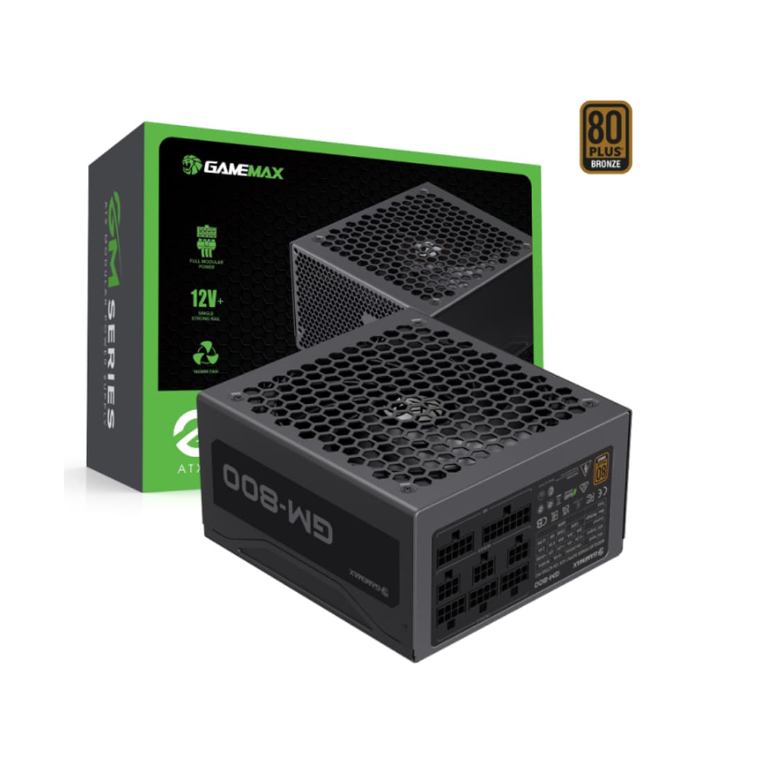 Блок питания, Gamemax, GM-800, 2140-0800B0012, 800W, Bronze+, APFC, 20+4 pin, 2*4+4pin, 6*Sata, 2*Molex, 4*PCI-E 6+2 pin, Modular, Вентилятор 14см, 160*150*85 см, Черный