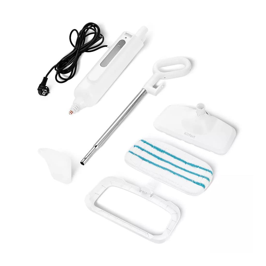 Паровая швабра, Kitfort, КТ-1052, Объем резервуара 330 мл, Подача пара 20-30 г/мин, Время нагрева 30 сек, Время работы 11-16 мин, Мощность 1300 Вт, Длина шнура 5м, Белый/Синий