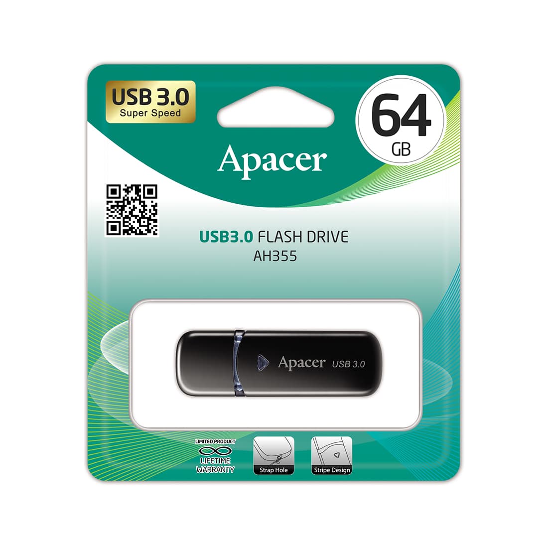USB-накопитель, Apacer, AH355, AP64GAH355B-1, 64GB, USB 3.1, Чёрный