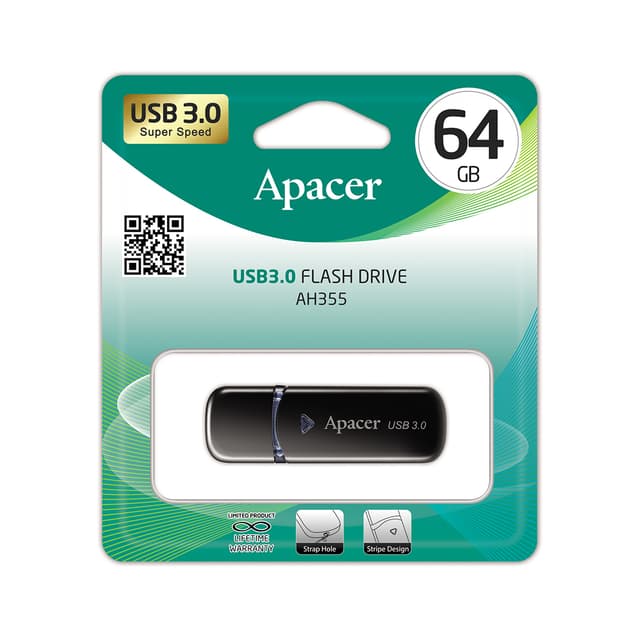 USB-накопитель, Apacer, AH355, AP64GAH355B-1, 64GB, USB 3.1, Чёрный