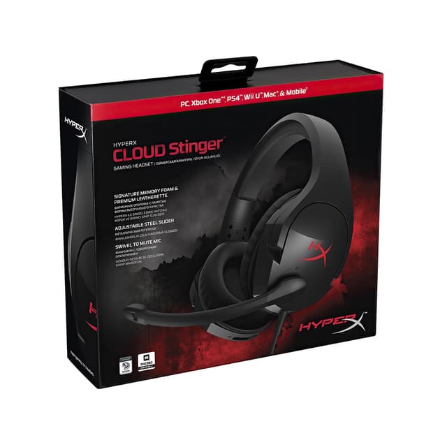 Гарнитура, HyperX, 4P5L7AX#ARL, HX-HSCS-BK/EE, Cloud Stinger, Микрофон поворотный гибкий, Динамики 50 мм, 30-500 мВт, 50-18000гц, 3.5 Mini Jack + удлинитель – 3,5 мм штекеры стерео и микрофона, Чёрный, Цветная коробка