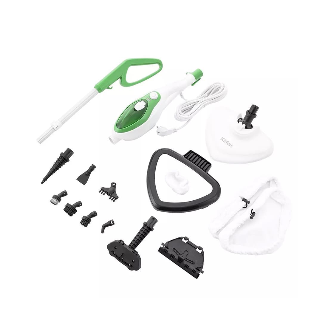 Паровая швабра, Kitfort, КТ-1004-2, зеленый, Мощность 1500Вт, Ёмкость резервуара 350мл, Пластик, Подача пара 8-35г/мин, Длина шнура 5м, Зеленый
