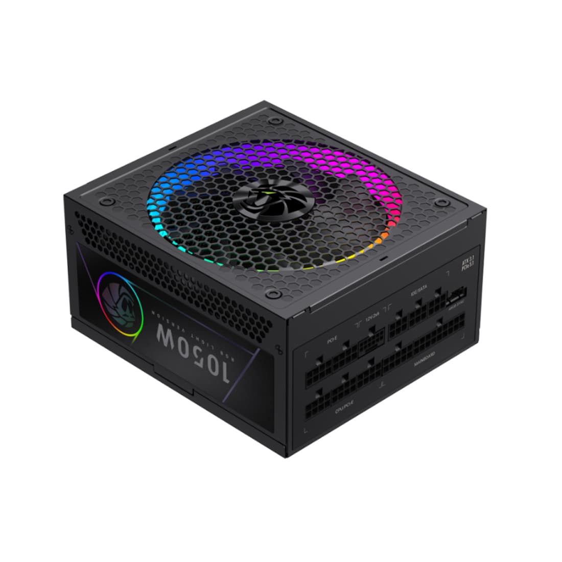 Блок питания, Gamemax, RGB 1050G, 2109-1050B0049, 1050W, Gold, ATX3.1, APFC, 20+4 pin, 2*4+4pin, 10*Sata, 3*Molex, 4*PCI-E 6+2 pin, 1*PCI-E 12+4pin, Modular, Вентилятор 14см, 165*150*86 см, Черный