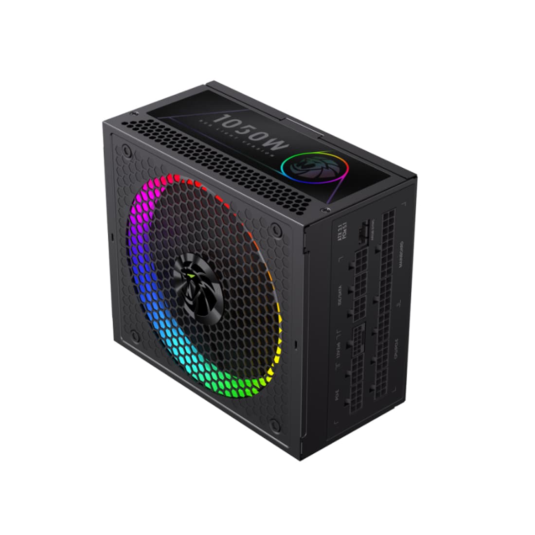 Блок питания, Gamemax, RGB 1050G, 2109-1050B0049, 1050W, Gold, ATX3.1, APFC, 20+4 pin, 2*4+4pin, 10*Sata, 3*Molex, 4*PCI-E 6+2 pin, 1*PCI-E 12+4pin, Modular, Вентилятор 14см, 165*150*86 см, Черный