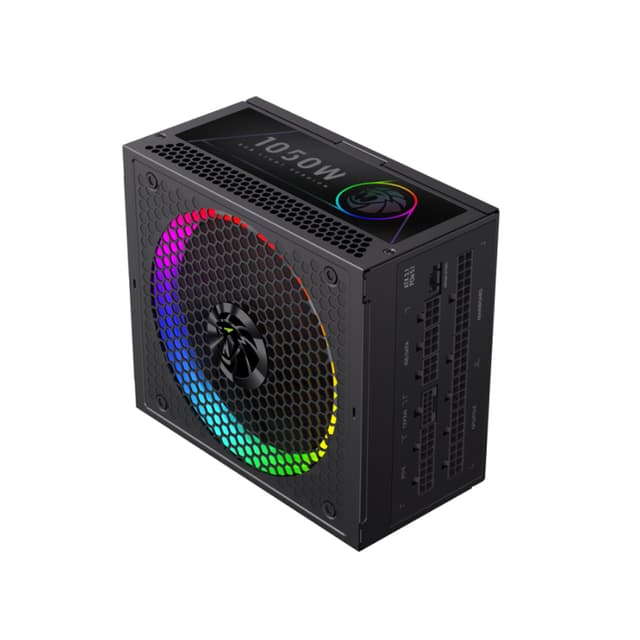 Блок питания, Gamemax, RGB 1050G, 2109-1050B0049, 1050W, Gold, ATX3.1, APFC, 20+4 pin, 2*4+4pin, 10*Sata, 3*Molex, 4*PCI-E 6+2 pin, 1*PCI-E 12+4pin, Modular, Вентилятор 14см, 165*150*86 см, Черный