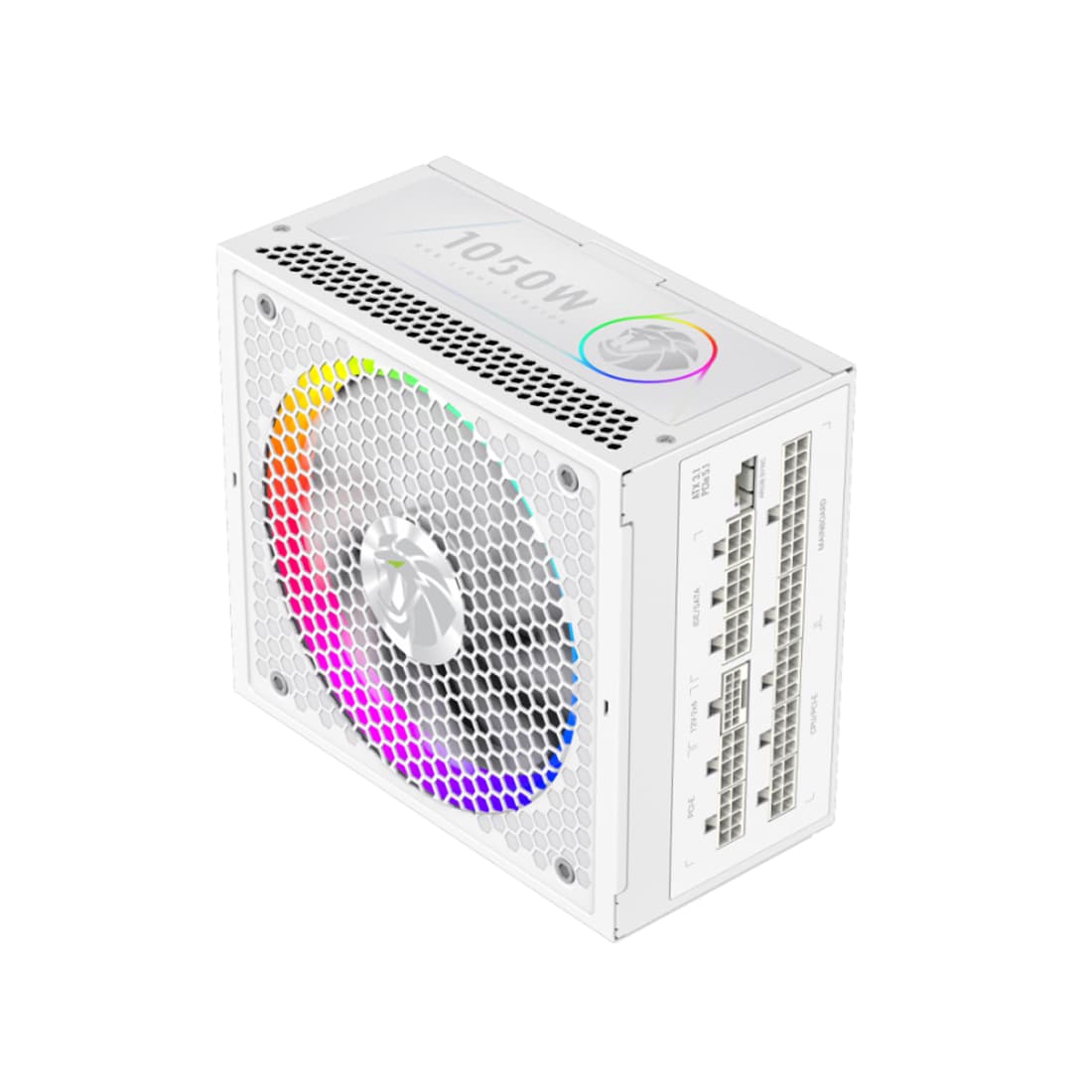 Блок питания, Gamemax, RGB 1050G WH, 2109-1050B0047, 1050W, Gold, ATX3.1, APFC, 20+4 pin, 2*4+4pin, 10*Sata, 3*Molex, 4*PCI-E 6+2 pin, 1*PCI-E 12+4pin, Modular, Вентилятор 14см, 165*150*86 см, Белый