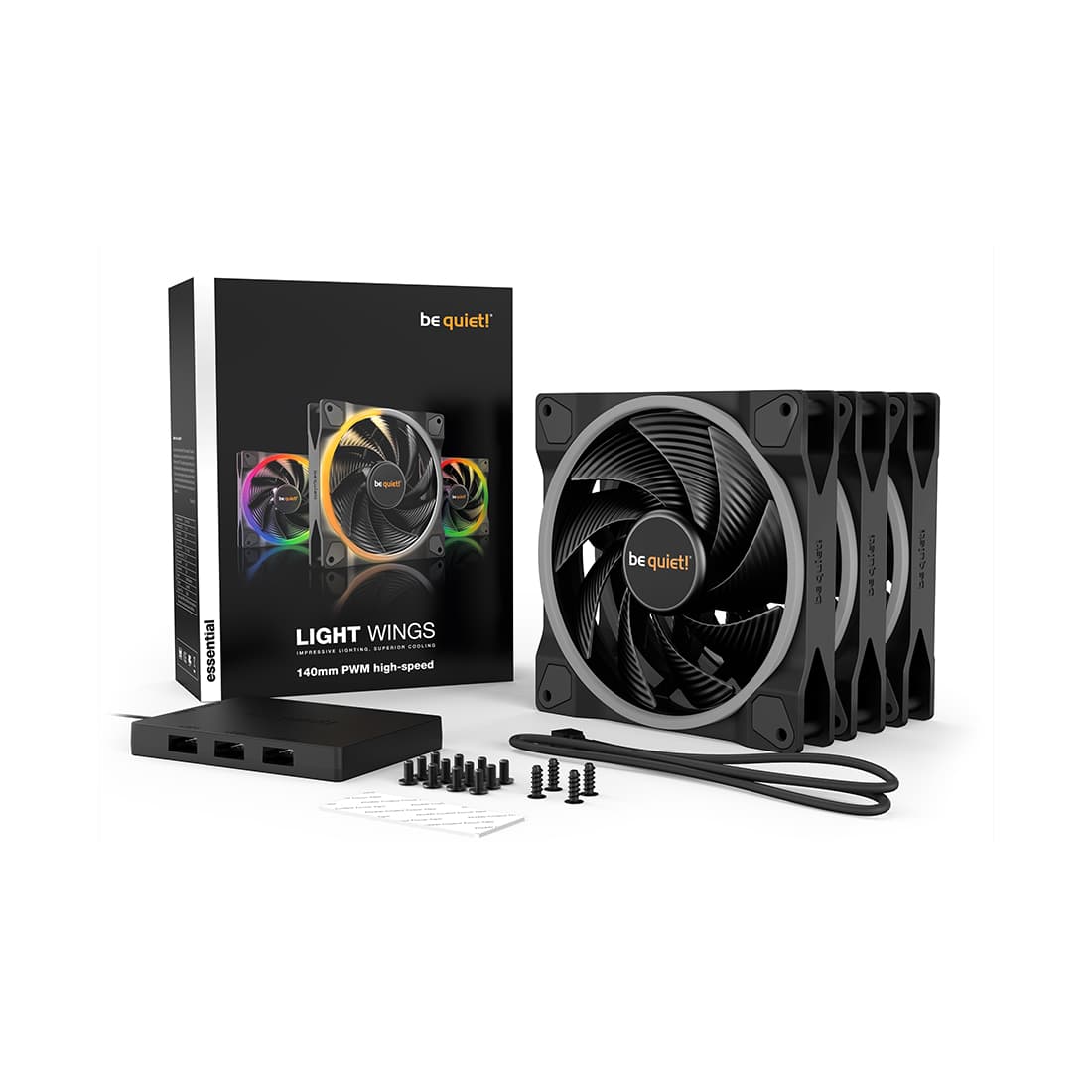 Вентилятор для компьютерного корпуса, Bequiet!, Light Wings, BL077, 3*120мм Light Wings PWM high-speed Triple Pack, ARGB LED, 2500 об.мин, 52.3/88.86 CFM, 31 dB(A), 4-pin PWM/3-pin ARGB, 120 x 120 x 25мм, Чёрный