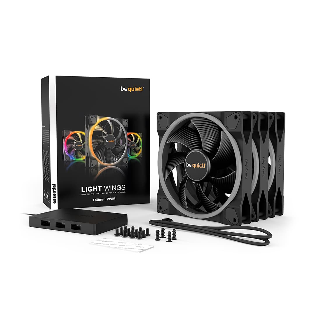 Вентилятор для компьютерного корпуса, Bequiet!, Light Wings, BL078, 3*140мм Light Wings PWM Triple Pack, ARGB LED, 1500 об.мин, 56/95.14 CFM, 23.3 dB(A), 4-pin PWM/3-pin ARGB, 140 x 140 x 25мм, Чёрный