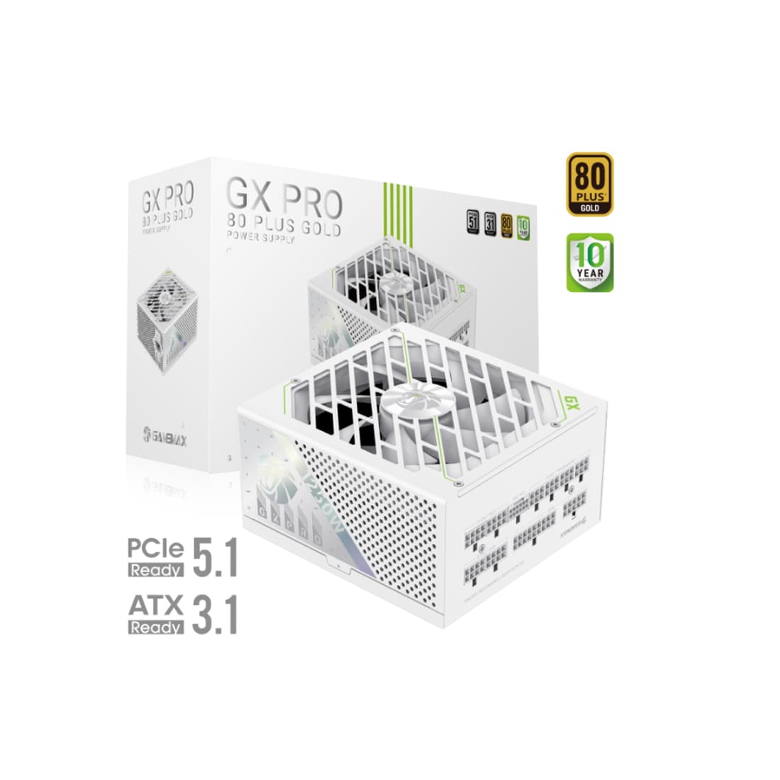 Блок питания, Gamemax, GX PRO 1250G WH, 2121-1250B0026, 1250W, Gold, ATX3.1, APFC, 20+4 pin, 1*4+4pin, 5*Sata, 3*Molex, 2*PCI-E 6+2 pin, 1*PCI-E 12+4pin, Modular, Вентилятор 13,5см, 160*150*85 см, Белый