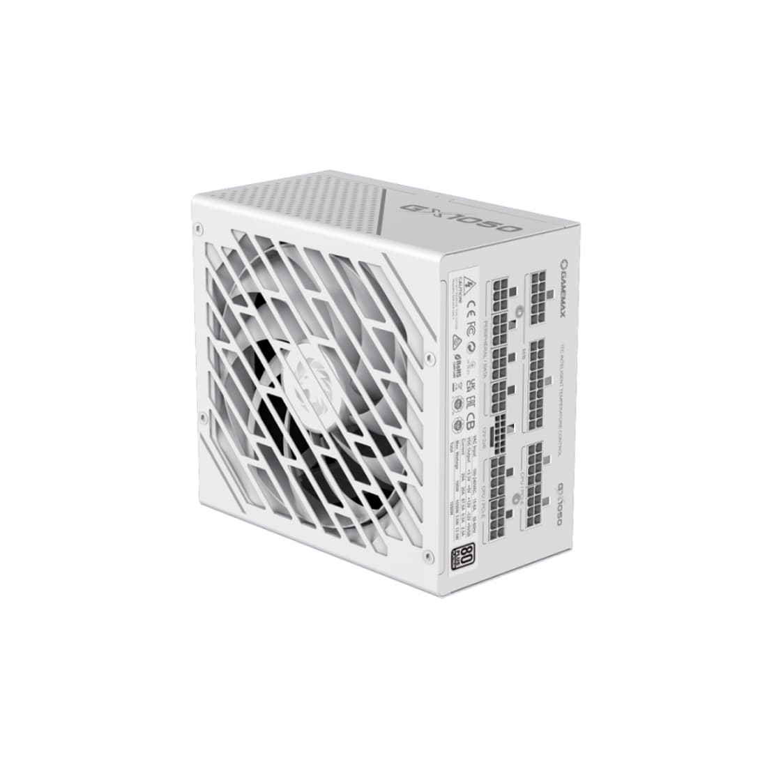 Блок питания, Gamemax, GX-1050 WT PCIE 5.0 ATX 3.0, 2121-1050B0036, 214610500021, ATX 3.0, Platinum, APFC, 20+4 pin, 2*4+4 pin, 10*Sata, 3*Molex, 4*PCI-E 6+2 pin, 12VHPWR, FDD, Модульный, Вентилятор 13,5см, Белый