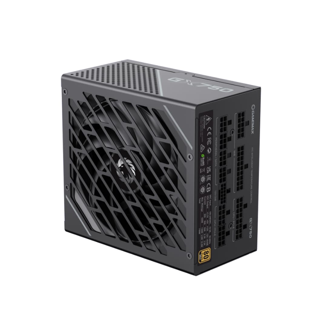 Блок питания, Gamemax, GX-750 PRO BK PCIE 5.0 ATX 3.1, 214607500022, 750W, ATX 3.1, Gold, APFC, 20+4 pin, 2*4+4 pin, 6*Sata, 3*Molex, 4*PCI-E 6+2 pin, 12VHPWR, Модульный, Вентилятор 13,5см, Чёрный