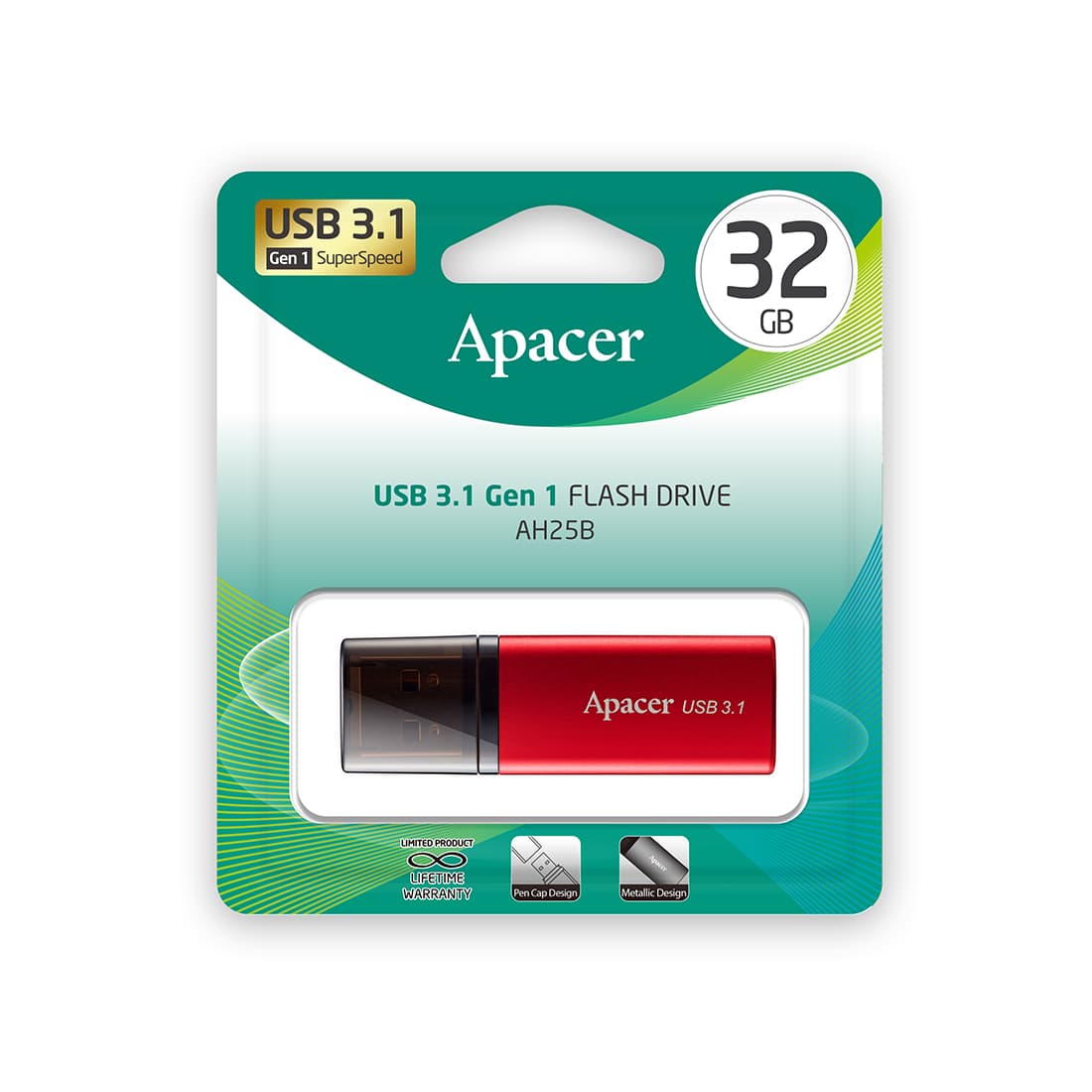 USB-накопитель, Apacer, AH25B, AP32GAH25BR-1, 32GB, USB 3.1, Красный