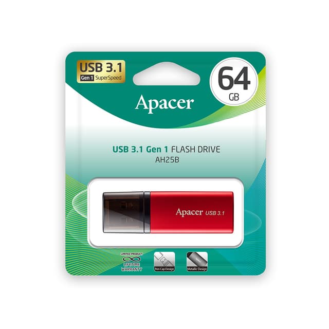 USB-накопитель, Apacer, AH25B, AP64GAH25BR-1, 64GB, USB 3.1, Красный