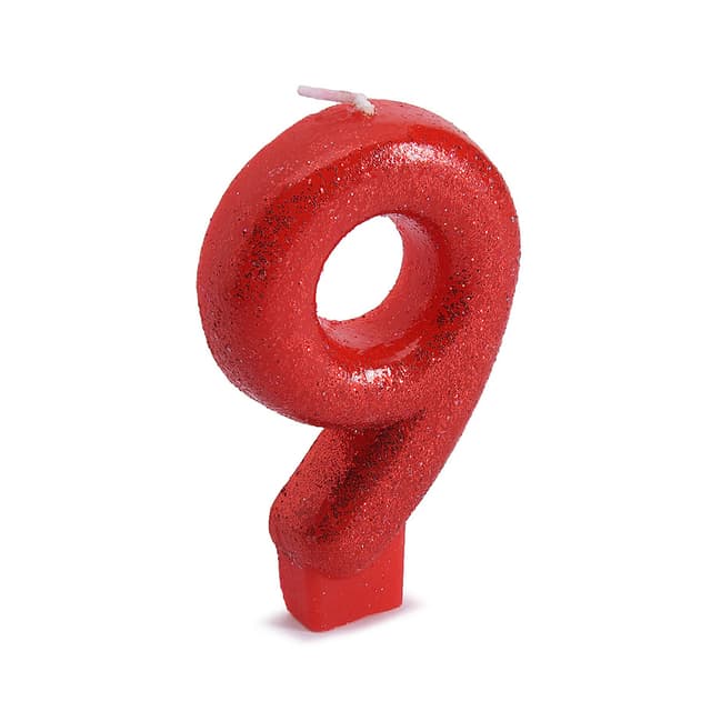 Свеча в форме цифры 9 ВЕСЁЛАЯ ЗАТЕЯ, 1502-2156, Цифра "9", Блестящая, Высота 7.6см, Стеарин, Красный металлик, Блистер