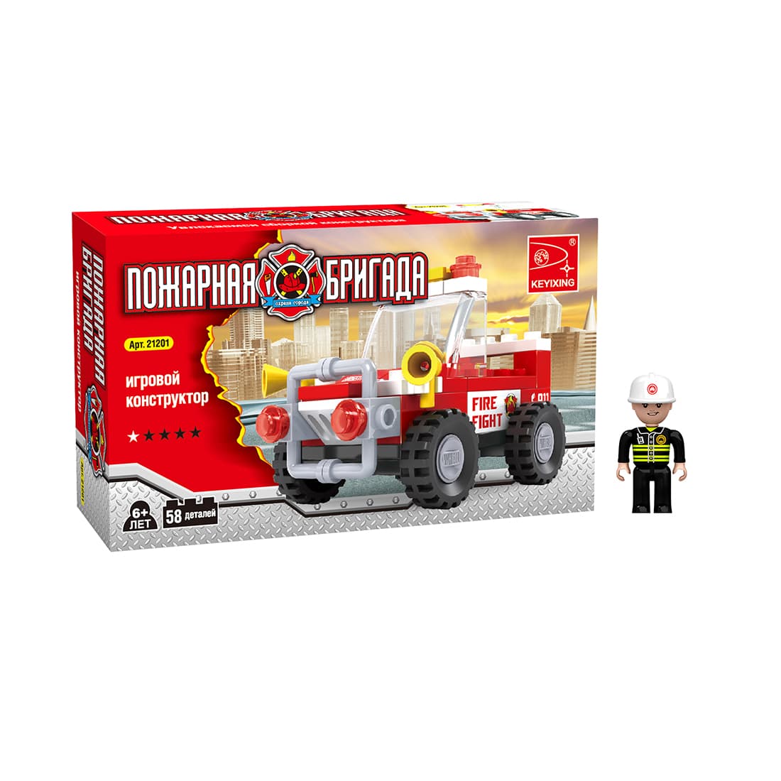 Игровой конструктор, Keyixing, 21201, Пожарная бригада, Внедорожник начальника пожарной охраны, 1 минифигурка, 58 деталей, Цветная коробка