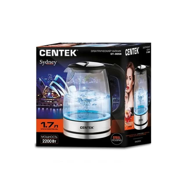 Чайник электрический, Centek, CT-0058, Стекло, 1.7л, 2200W, LED-подсветка, Отделка нерж.