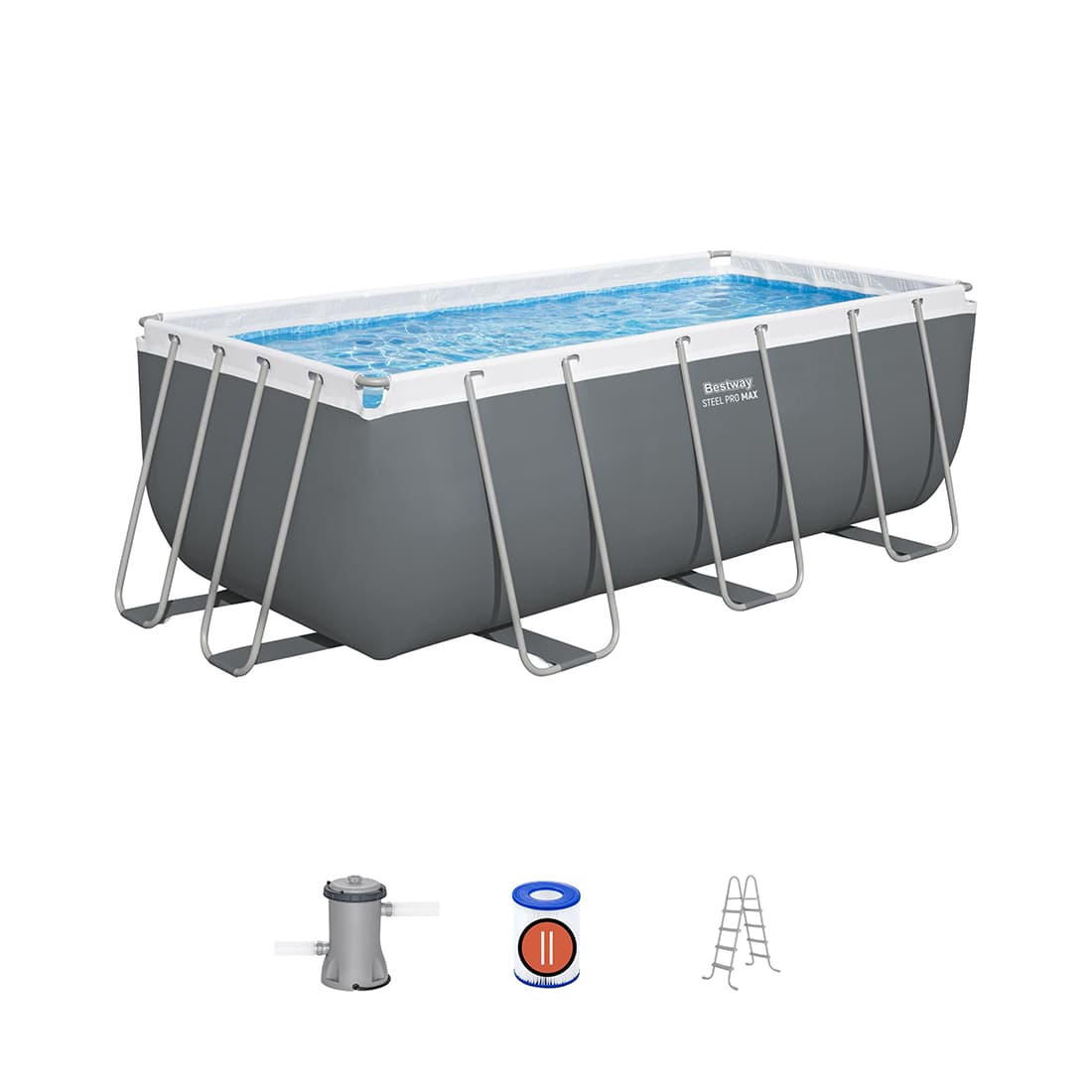 Каркасный бассейн Steel Pro MAX Rectangular 412 х 201 х 122 см, BESTWAY, 56456, Винил, 8124 л., Стальной каркас, Ф-насос 58383 (2006л/ч), Лестница 58336, Серый, Цветная коробка