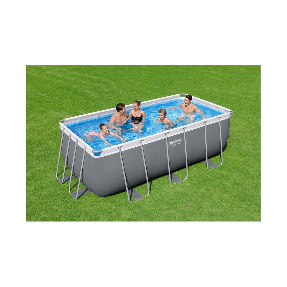 Каркасный бассейн Steel Pro MAX Rectangular 412 х 201 х 122 см, BESTWAY, 56456, Винил, 8124 л., Стальной каркас, Ф-насос 58383 (2006л/ч), Лестница 58336, Серый, Цветная коробка