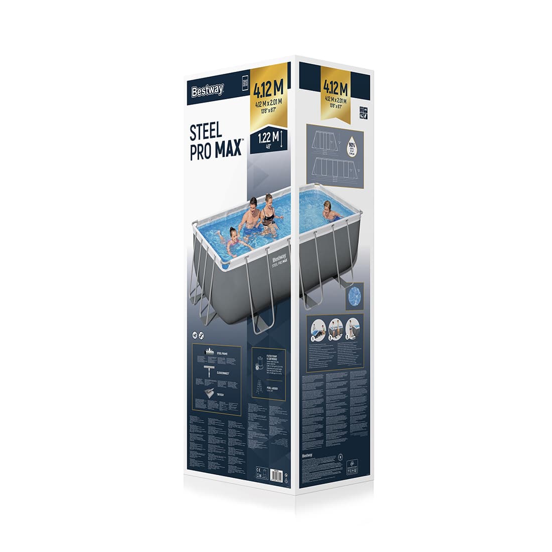 Каркасный бассейн Steel Pro MAX Rectangular 412 х 201 х 122 см, BESTWAY, 56456, Винил, 8124 л., Стальной каркас, Ф-насос 58383 (2006л/ч), Лестница 58336, Серый, Цветная коробка