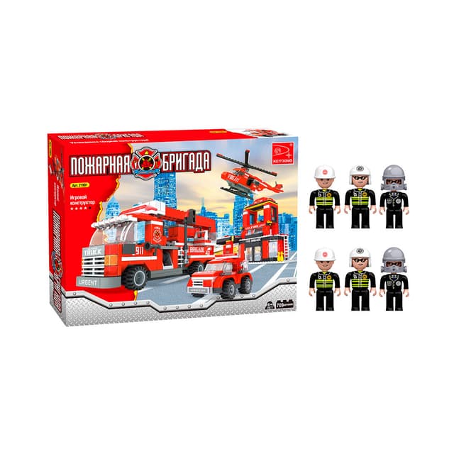 Игровой конструктор, Keyixing, 21901, Пожарная бригада, Штаб пожарной бригады, 6 минифигурок, 709 деталей, Цветная коробка