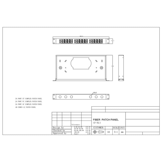 Оптический кросс, SHIP, F-N1, 19" (1U), 24 Порта, FC/SC/ST Simplex LC Duplex, Универсальный, Без адаптеров, Чёрный