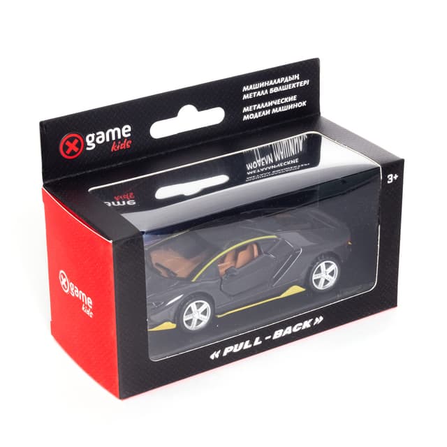 Металлическая машинка, X-Game Kids, 43740B, 1:32,Длина 12.5 см, Открывающиеся двери, Pull-back двигатель, Чёрная, Цветная коробка