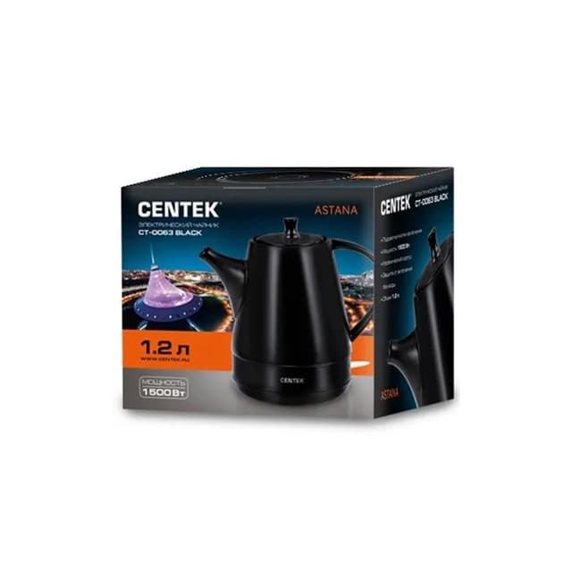 Чайник электрический, Centek, CT-0063, 1.2л, 1500W, Чёрная керамика, Матовый корпус, Черный