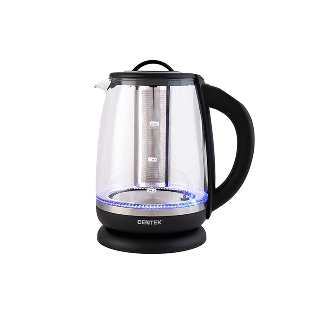 Чайник электрический, Centek, CT-0017, Стекло, 2.0л, 2200Вт, Регулир. темп. 7-цвет. Внутр.подсветка, Фильтр, Черный