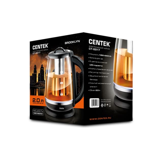 Чайник электрический, Centek, CT-0017, Стекло, 2.0л, 2200Вт, Регулир. темп. 7-цвет. Внутр.подсветка, Фильтр, Черный