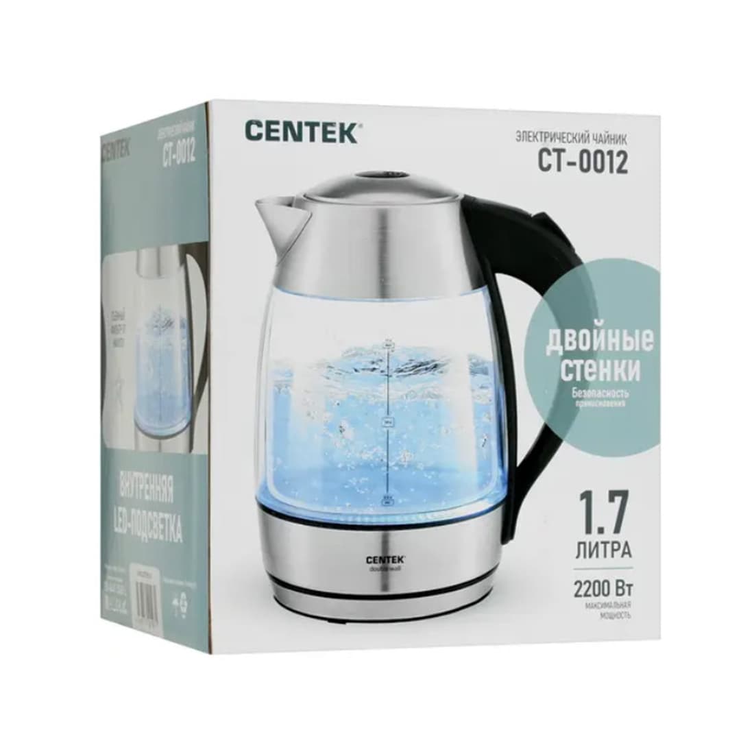 Чайник электрический, Centek, CT-0012, Стекло, 1.7л, 2200W, Двойные стенки, LED, Защита от перегрева, Фильтр от накипи