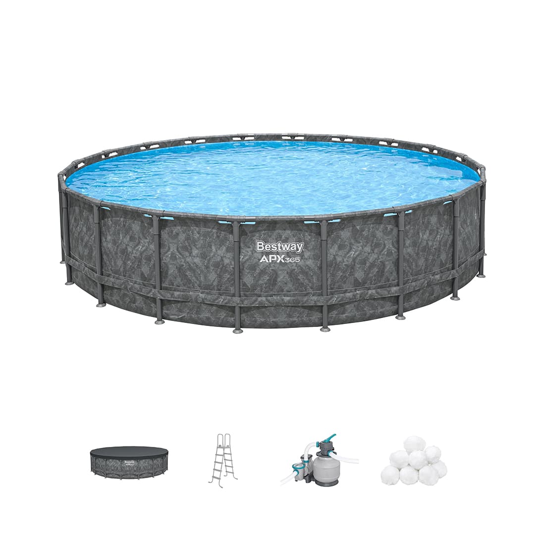 Каркасный бассейн APX 365 671 х 132 см, BESTWAY, 561JZ, Винил, 40377 л., Стальной каркас, Ф-насос 58499 (8327л/ч) c полисферами, Тент, Лестница 58332, Темно-серый, Цветная коробка