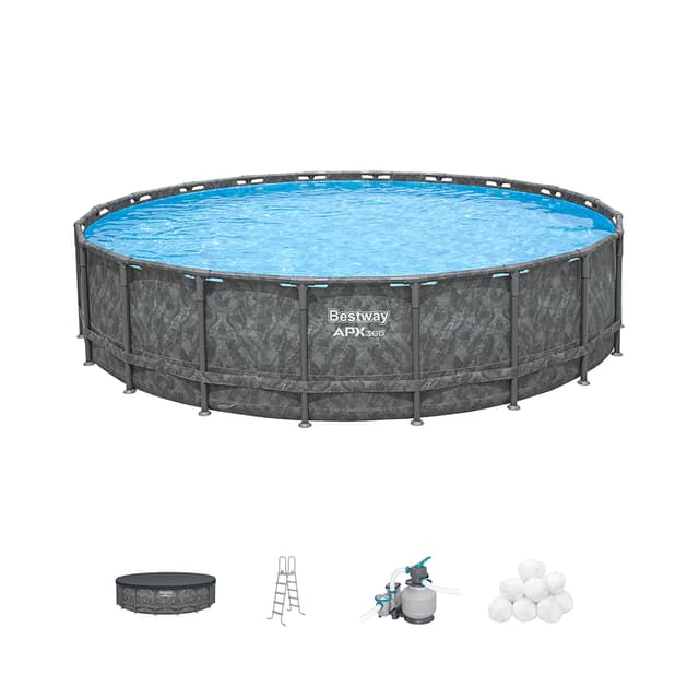 Каркасный бассейн APX 365 671 х 132 см, BESTWAY, 561JZ, Винил, 40377 л., Стальной каркас, Ф-насос 58499 (8327л/ч) c полисферами, Тент, Лестница 58332, Темно-серый, Цветная коробка