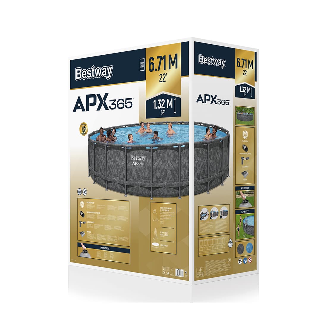 Каркасный бассейн APX 365 671 х 132 см, BESTWAY, 561JZ, Винил, 40377 л., Стальной каркас, Ф-насос 58499 (8327л/ч) c полисферами, Тент, Лестница 58332, Темно-серый, Цветная коробка