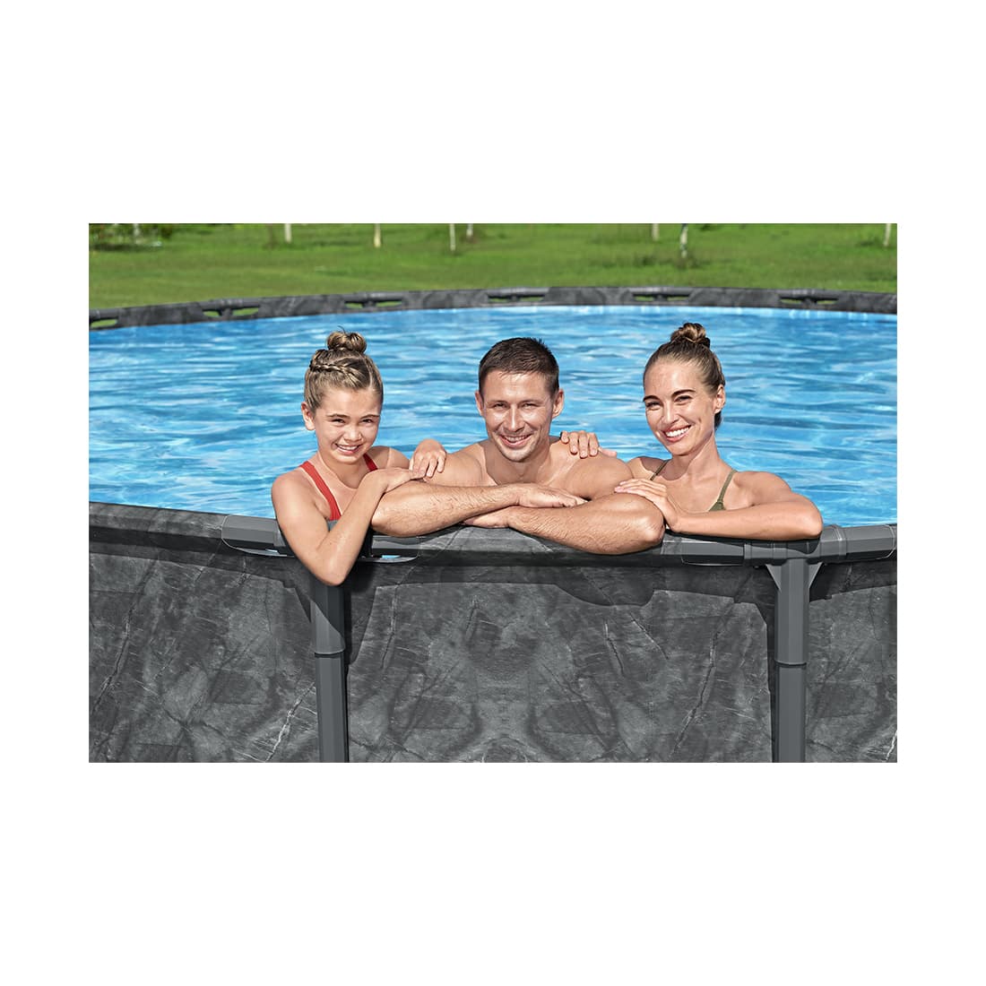 Каркасный бассейн APX 365 671 х 132 см, BESTWAY, 561JZ, Винил, 40377 л., Стальной каркас, Ф-насос 58499 (8327л/ч) c полисферами, Тент, Лестница 58332, Темно-серый, Цветная коробка