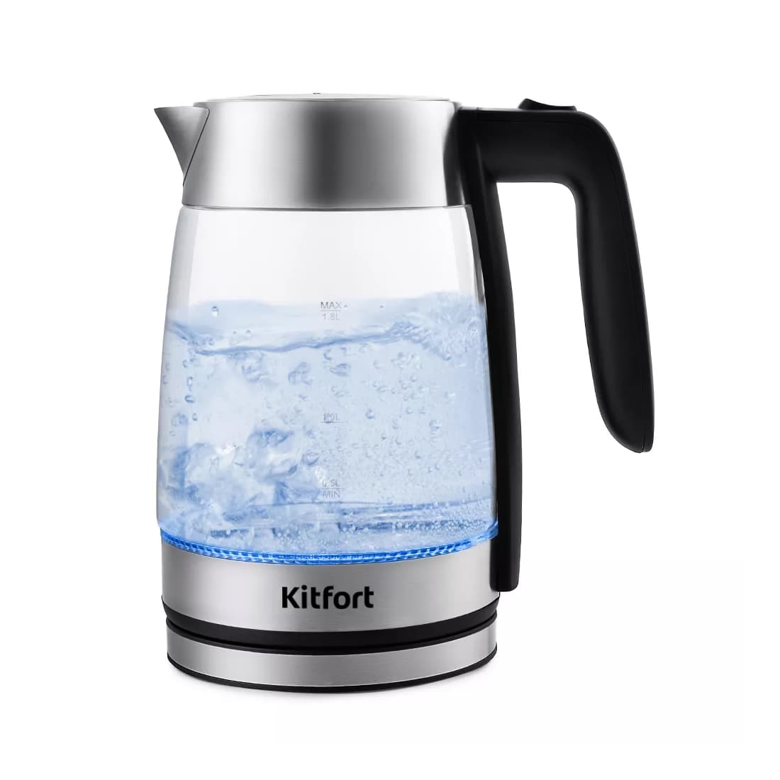 Чайник, Kitfort, КТ-641, Объем 1.8 л, Мощность 2200 Вт, Количество стенок 1, Материал корпуса стекло\металл, Тип нагревательного элемента скрытый нагревательный элемент, Цвет серебристый/прозрачный