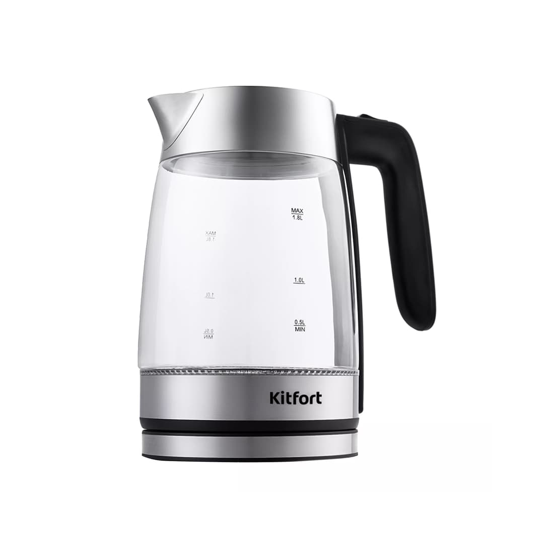 Чайник, Kitfort, КТ-641, Объем 1.8 л, Мощность 2200 Вт, Количество стенок 1, Материал корпуса стекло\металл, Тип нагревательного элемента скрытый нагревательный элемент, Цвет серебристый/прозрачный