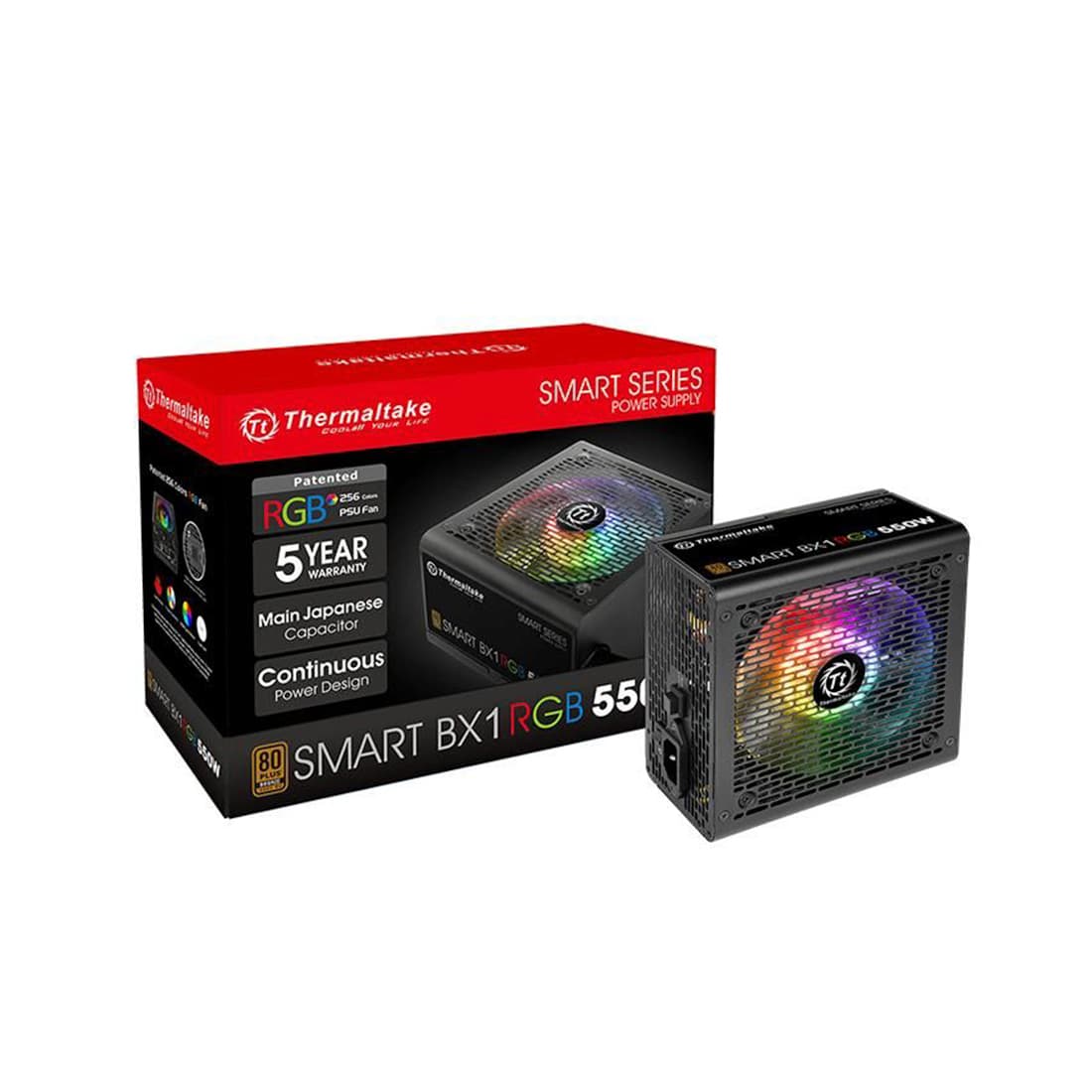 Блок питания, Thermaltake, Smart BX1 RGB 550W, PS-SPR-0550NHSABE-1, 550W, ATX, Bronze, APFC, 20+4 pin, 4+4pin, 9*Sata, 6*Molex, 4*PCI-E 6+2 pin, FDD, non-modular, Вентилятор RGB 12 см, 150*86*140мм, Чёрный
