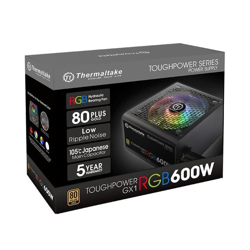 Блок питания, Thermaltake, Toughpower GX1 RGB 600W, PS-TPD-0600NHFAGE-1, 600W, ATX, Gold, APFC, 20+4 pin, 4+4pin, 8*Sata, 4*Molex, 4*PCI-E 6+2 pin, FDD, non-modular, Вентилятор RGB 12 см, 150х86х140мм, Чёрный