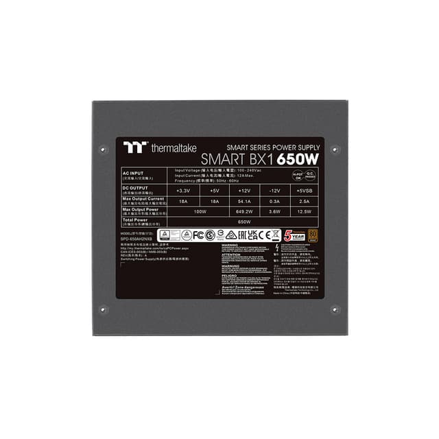 Блок питания, Thermaltake, Smart BX1 D2D 650W, PS-SPD-0650NNFABE-4, 650W, ATX, Bronze, APFC, 20+4 pin, 4+4pin, 6*Sata, 4*Molex, 2*PCI-E 6+2 pin, FDD, Non-modular, Вентилятор 12 см, 150*86*140мм, Чёрный