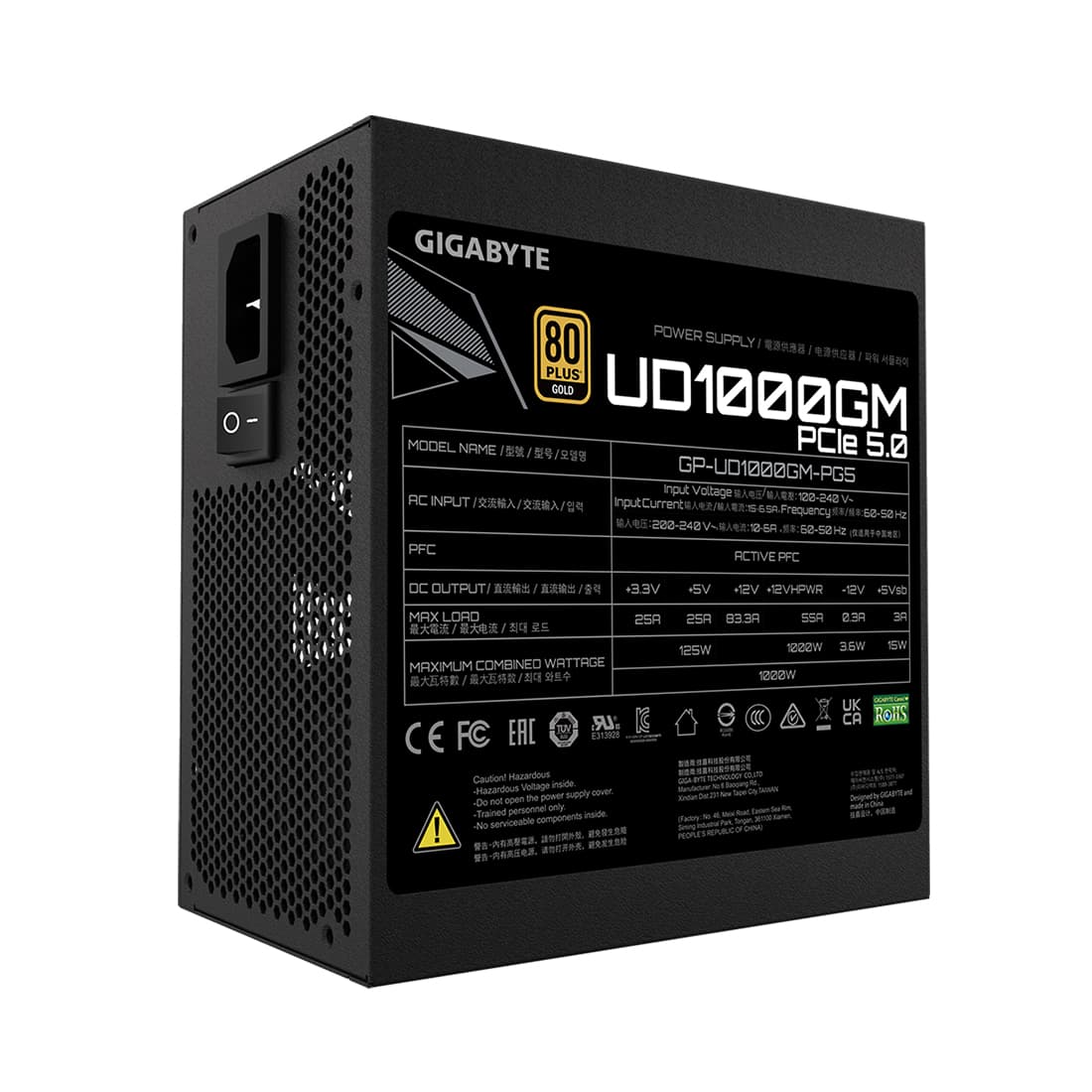Блок питания, Gigabyte, GP-UD1000GM PG5, 1000W, ATX, 80 PLUS Gold, 20+4 pin, 2*4+4pin, 8*Sata, 3*Molex, FDD, 4*PCI-E 6+2 pin, 1*PCI-E 12+4 pin, Вентилятор 12 см, Чёрный