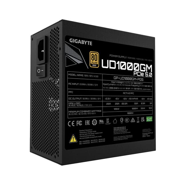 Блок питания, Gigabyte, GP-UD1000GM PG5, 1000W, ATX, 80 PLUS Gold, 20+4 pin, 2*4+4pin, 8*Sata, 3*Molex, FDD, 4*PCI-E 6+2 pin, 1*PCI-E 12+4 pin, Вентилятор 12 см, Чёрный