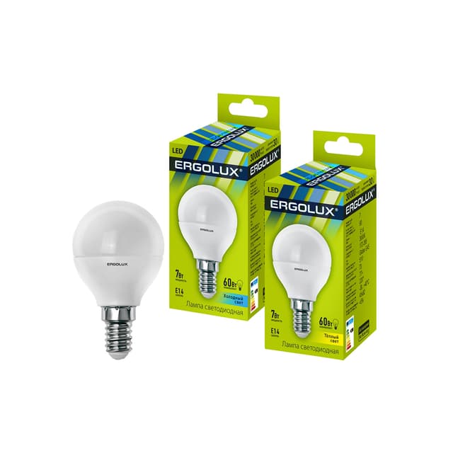 Эл. лампа светодиодная, Ergolux, LED-G45-7W-E14-4K, Шар, Мощность 7Вт, Тип колбы G45, Цвет. температура 4500К, Цоколь E14, Холодный
