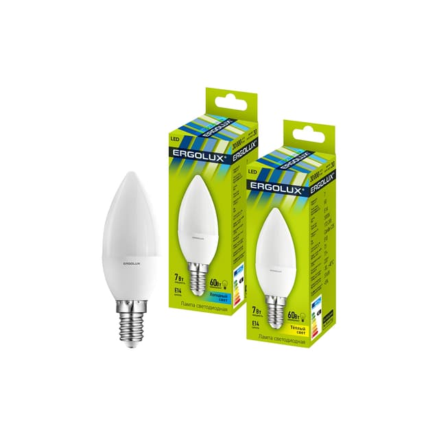 Эл. лампа светодиодная, Ergolux, LED-C35-7W-E14-4K, Свеча, Мощность 7Вт, Тип колбы C35, Цвет. температура 4500К, Цоколь E14, Холодный