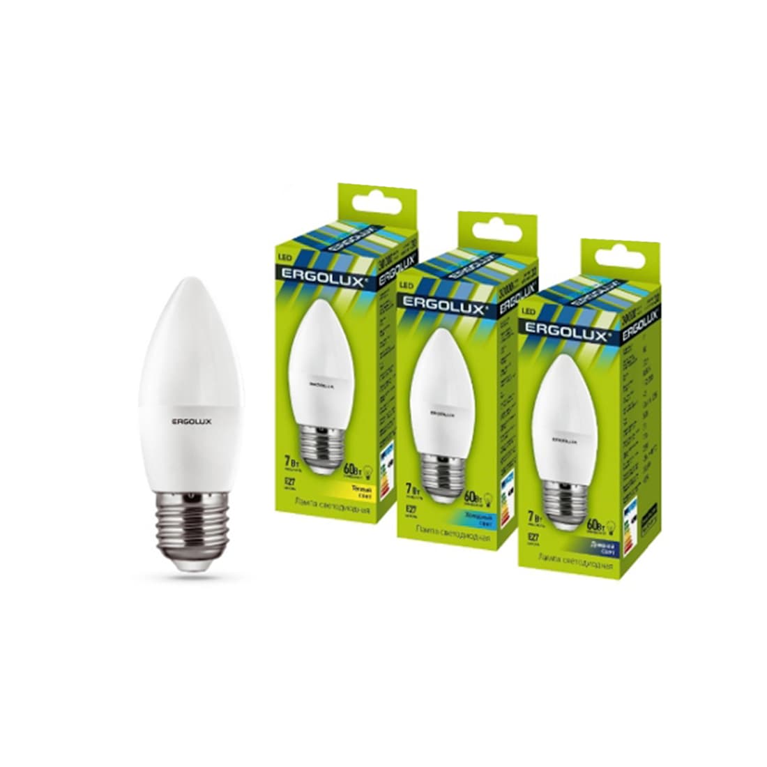 Эл. лампа светодиодная, Ergolux, LED-C35-7W-E27-6K, Свеча, Мощность 7Вт, Тип колбы C35, Цвет. температура 6500К, Цоколь E27, Дневной