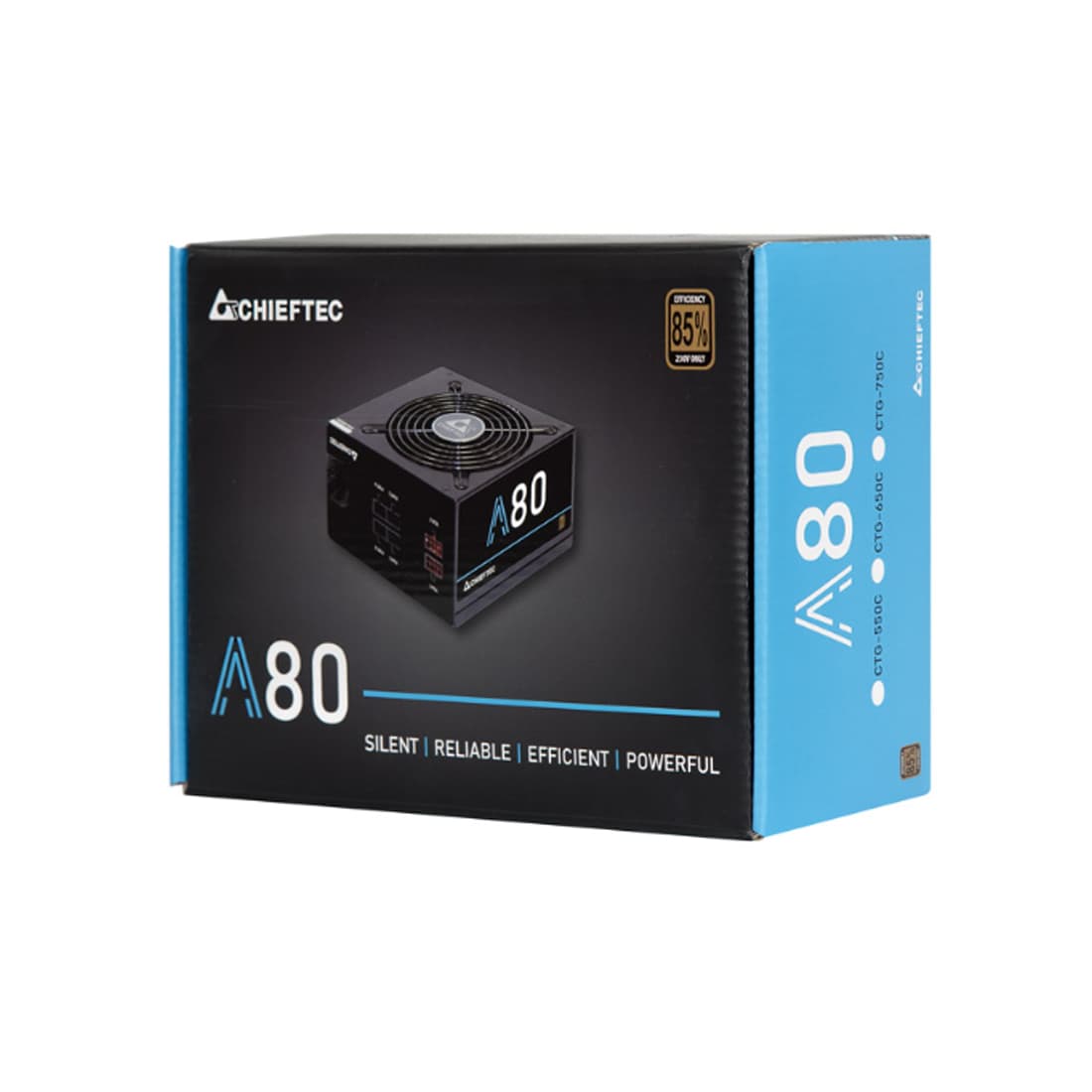 Блок питания, Chieftec, A-80 CTG-650C, 650W, ATX, APFC, Semi Modular, 20+4pin, 4+4pin, 6*Sata, 4*Molex, 2*PCIe 6+2-pin, Вентилятор 12см, Черный