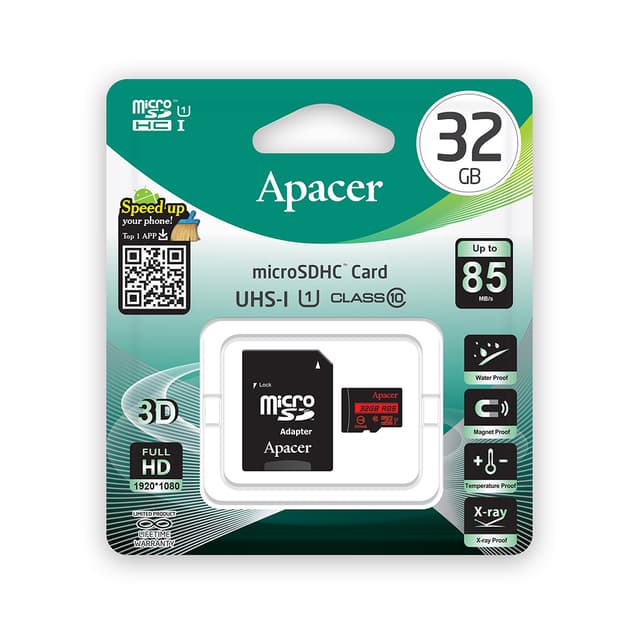 Карта памяти, Apacer, AP32GMCSH10U5-R, MicroSDHC 32GB, с адаптером SD