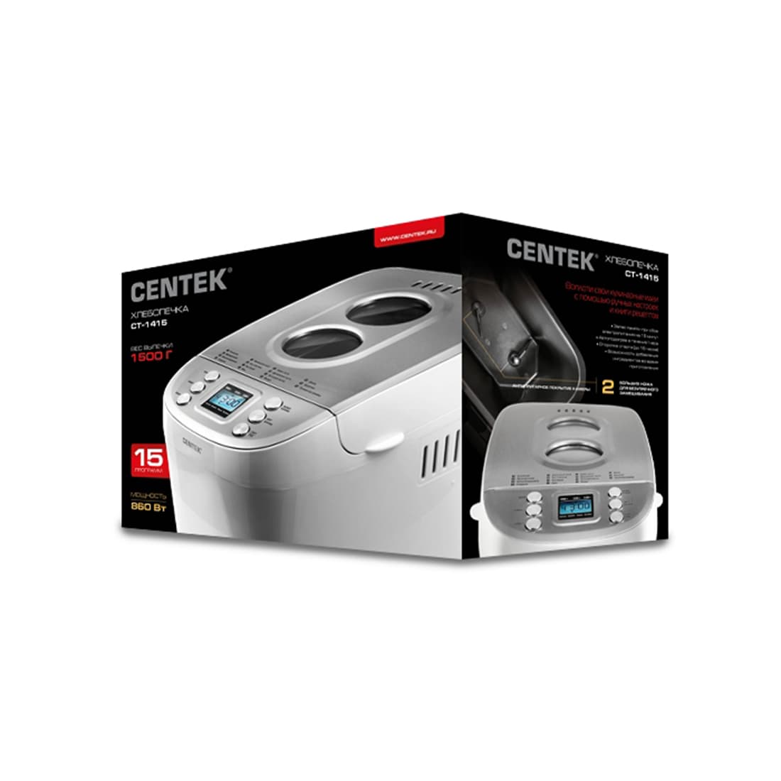 Хлебопечь, Centek, CT-1415, 1500 г, Большой объем, 860Вт, 15 программ, Таймер, LCD, Окошко, Белый/сталь